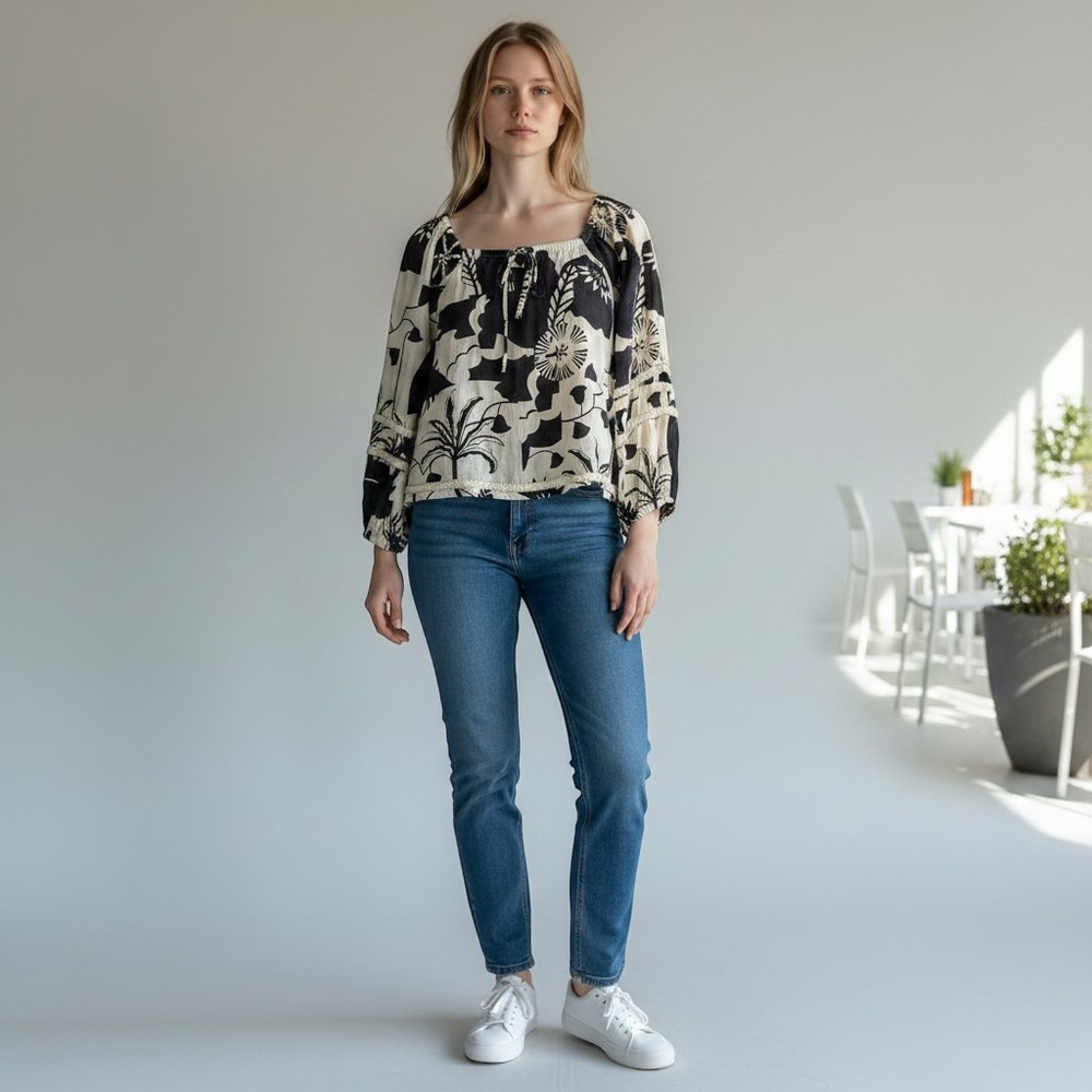 Nicole Miller Top Womens S Black White Excellent Linen Puff Sleeve Botanical